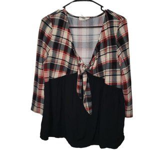 Entro size Large plaid half flannel over-sized swing top with tie at waist